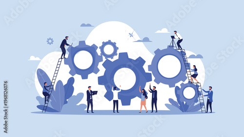 Corporate team members working together with large gears and ladders to achieve professional goals in flat vector illustration.