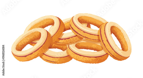 Vibrant cartoon illustration of a delightful heap of perfectly golden-brown crispy fried rings, ideal as an appetizing snack or side dish, isolated