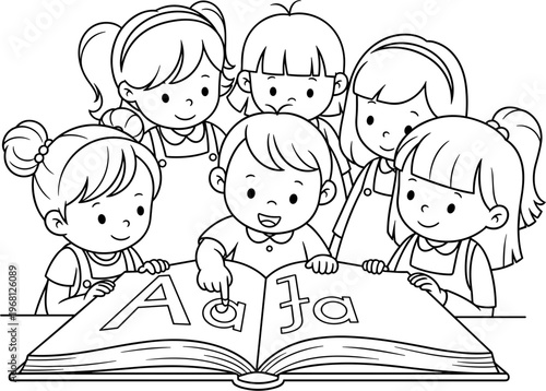 Children Learning Reading Alphabet Book.