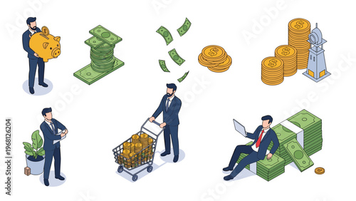 Businessman in multiple isometric scenarios dealing with money, gold coins, and financial growth or savings goals for design.