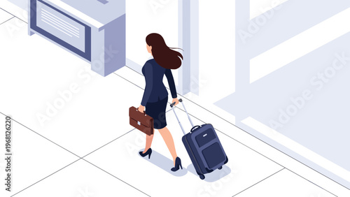 Professional businesswoman in dark suit walking with a suitcase and briefcase in a modern hallway or public office space.