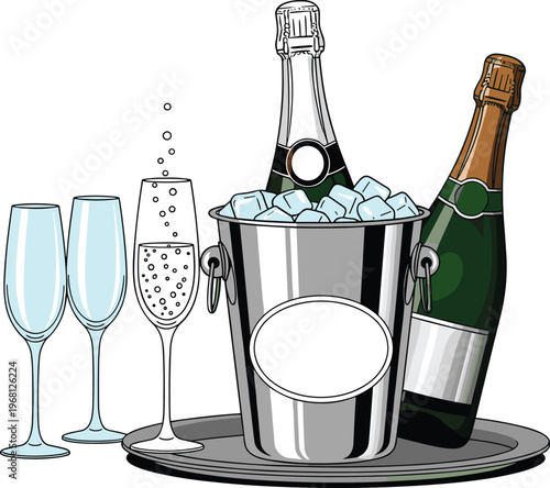 Champagne bottles in ice bucket with flutes on serving tray, festive celebration illustration, party drink vector art, elegant occasion design