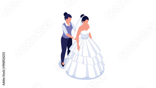 Beautiful bride in a white gown and her assistant adjusting the dress during a wedding preparation in isometric design.
