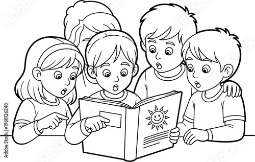 Four children looking at a book.