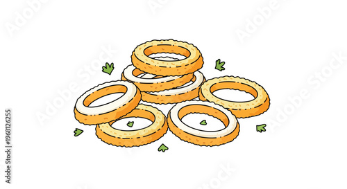 Crispy golden fried onion rings piled neatly on a white background with fresh green garnish providing a delightful visual appeal for global food