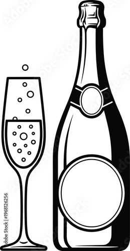 Black and white champagne bottle with filled flute glass illustration, festive celebration vector art, party drink symbol, elegant occasion design
