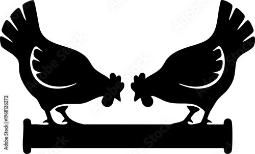 Two roosters silhouette facing each other. Farm animal, bird, poultry, agriculture, livestock, rural, hen house, coop, country life, symbol graphic.