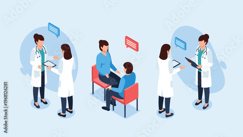 Professional doctors consulting with patients in a medical clinic or hospital with speech bubbles for communication.