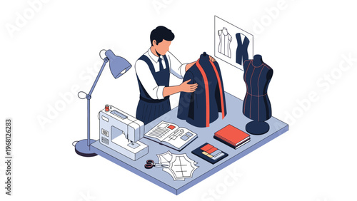 Male fashion designer working on a formal jacket in his sewing workshop with mannequins and professional tailor equipment.