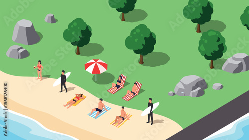People enjoying their summer vacation on a sandy beach with palm trees and ocean water in colorful isometric illustration.