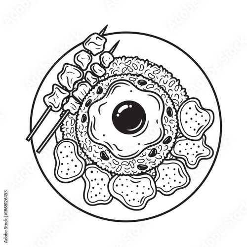Fried Rice with Egg and Chicken Satay Illustration