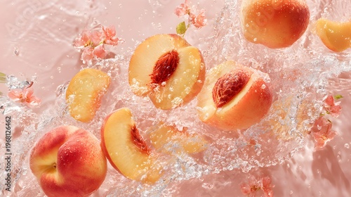 Fresh peaches and splashes of water