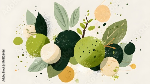 Watercolor hand-painted still life illustration of green fruits