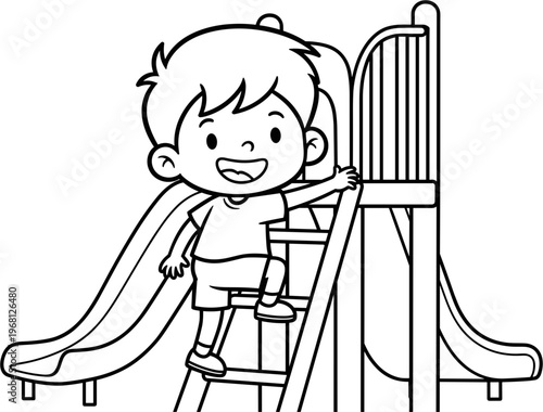 Happy child on playground slide climbing.