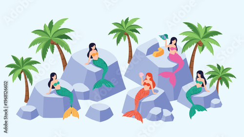 Enchanting group of mermaids sitting on large stones among tropical palm trees in a serene ocean paradise setting with light blue water.