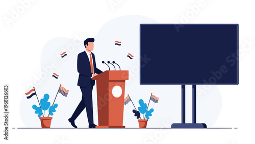 Professional businessman in formal suit delivering a keynote speech at podium with microphones and large digital display screen.