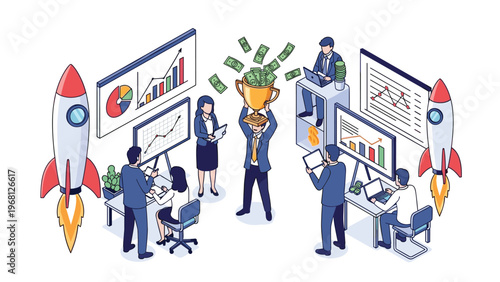 Successful business team celebrating company achievements with golden trophy and floating money near launch rockets and growth charts.