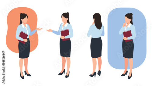 Multiple views of professional businesswoman in formal office attire holding a folder and gesturing in various poses on white background.