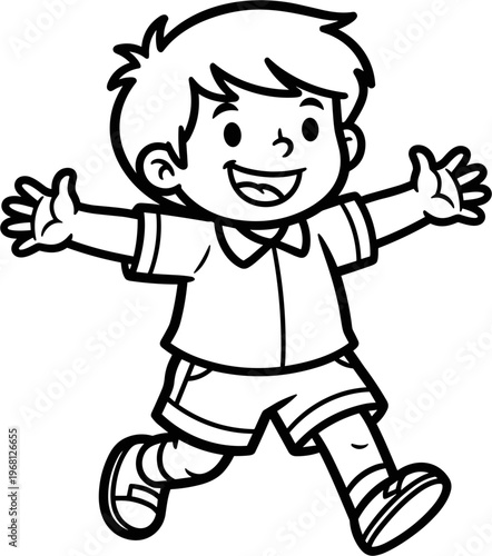 Happy little boy jumping with arms out.
