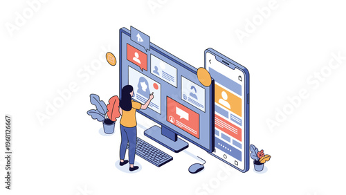 Young woman interacting with social media profiles on a large computer monitor next to a giant smartphone display in a digital office.