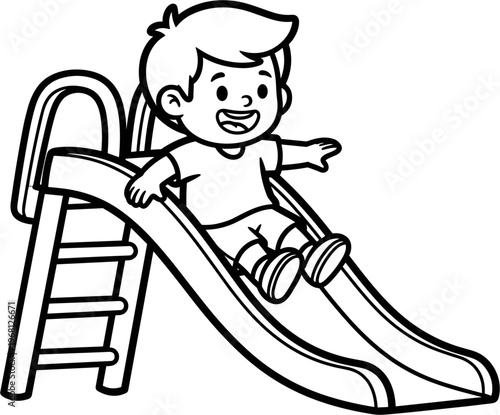 Happy little boy on playground slide.
