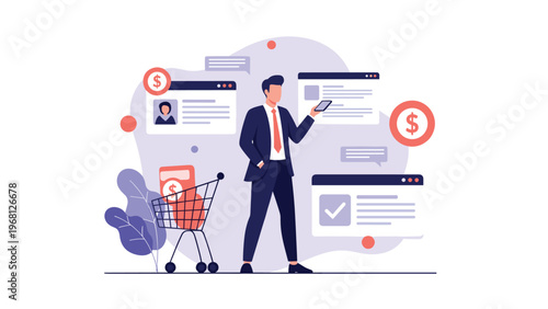 Businessman in suit looking at smartphone while surrounded by floating digital icons representing web pages, shopping cart, and money.