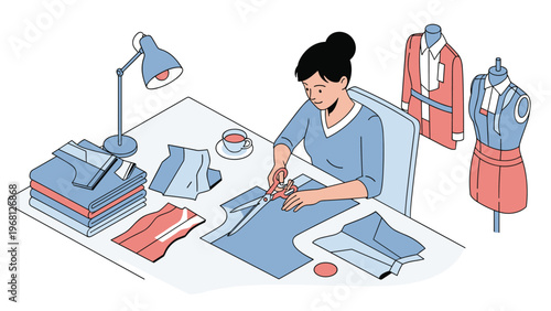 Professional seamstress cutting blue fabric with scissors at a desk with sewing supplies and mannequins in a bright fashion studio.