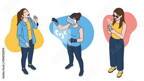 Diverse group of women using different modern technologies including virtual reality goggles and smartphones for communication.