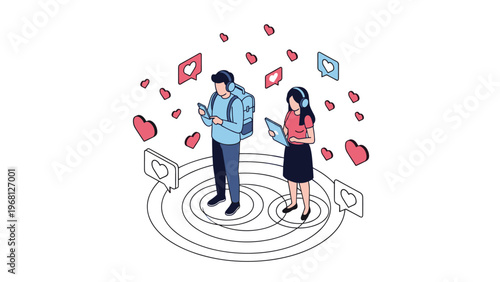 Male and female users interact with mobile devices while surrounded by floating heart icons and social media engagement symbols.