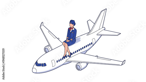 Beautiful flight attendant in a blue uniform and red scarf sitting on top of a large white commercial airplane.