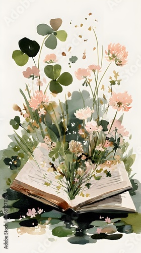 Watercolor hand-drawn books and plant still life illustrations