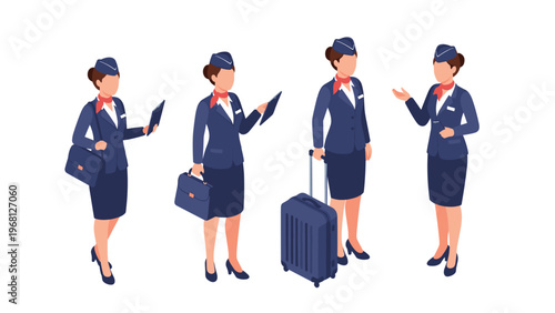 Set of female flight attendant characters in blue uniforms in different poses including walking with a suitcase.