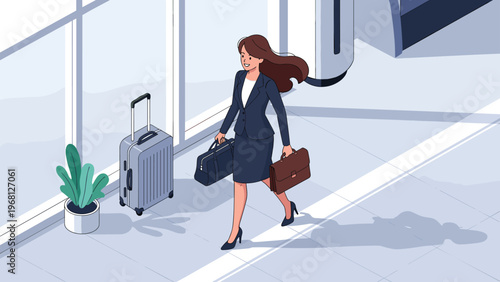 Stylish businesswoman walking through a bright airport terminal carrying a travel bag and a brown leather briefcase.
