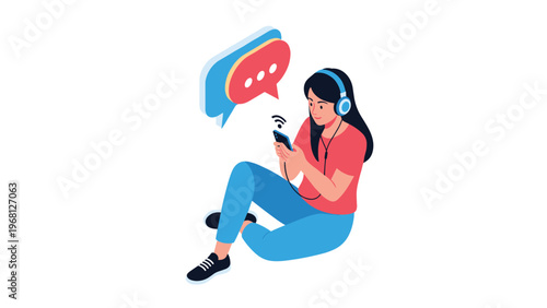 Young woman sitting on the floor with headphones using her smartphone for social media and online messaging apps.