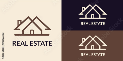 Minimal House Roof Real Estate Logo in Beige and Navy, Vector Design