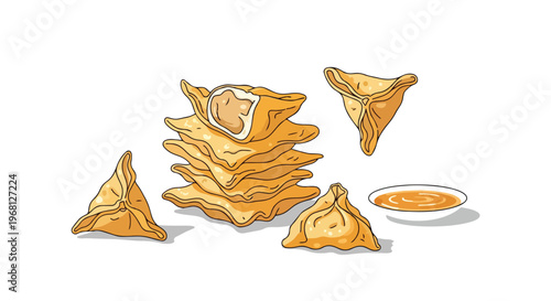 A delightful cartoon illustration presenting a golden stack of triangular pastries with individual pieces and a savory dipping sauce, evoking a