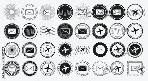 Vintage airmail postmarks and grungy rubber stamps vector set with airplane icons