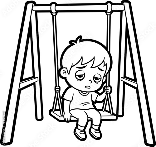 Sad child sitting on swing alone.