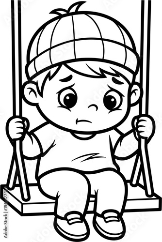 Sad child sitting on swing.