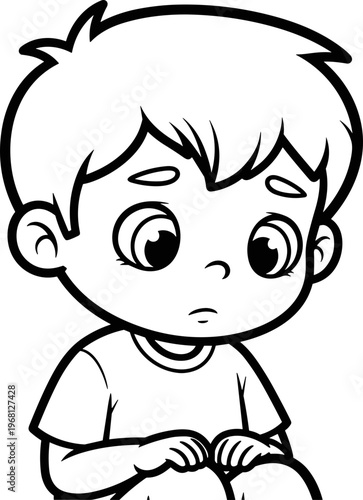 Sad little boy looking down.