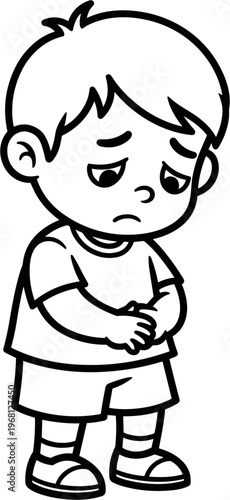 Sad little boy with frowning face.