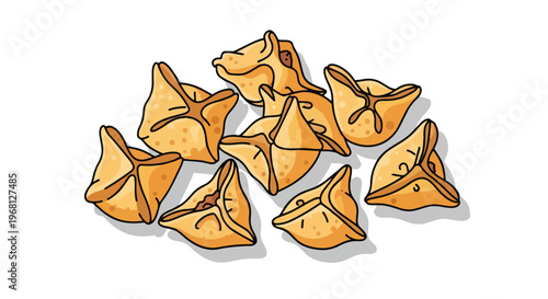 Charming hand-drawn illustration depicts a delightful heap of golden-brown triangular baked pastries, perfect for festive culinary celebrations and
