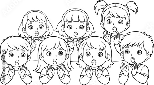 Surprised children looking over a fence.