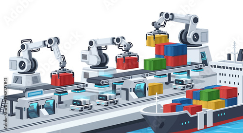 Robotic arms loading shipping containers.