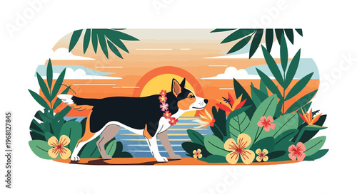 Dog Wearing Lei on Tropical Beach at Sunset, Hawaiian Vacation Scene