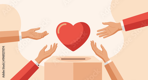 Donation Concept: Hands Offering and Receiving Heart Symbol Over Donation Box
