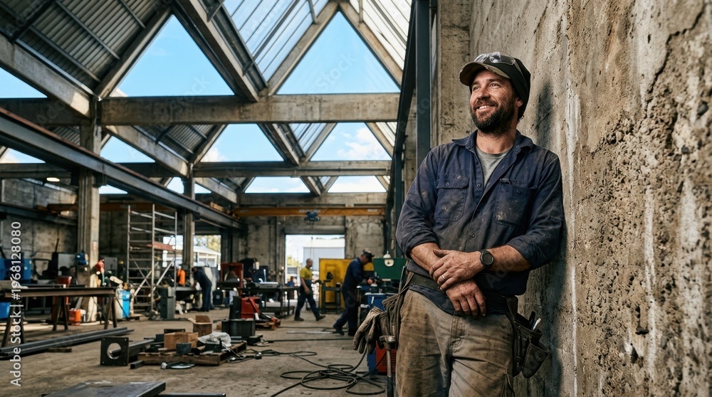 Fototapeta premium Rugged Male Laborer Leaning Against Rough Wall in Industrial Workshop with People Working in Background