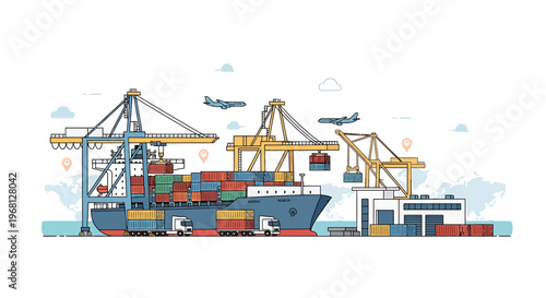 Large cargo ship with containers docked.