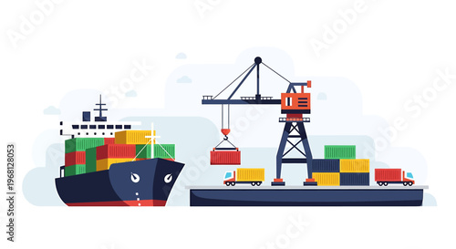 Cargo ship loading containers on dock.