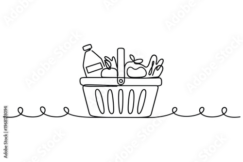 Minimalist line drawing of a picnic basket filled with food items